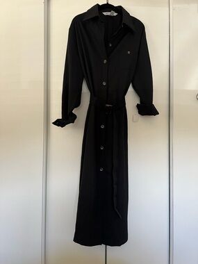 Classic Black Button-Front Shirt Dress or Spring Jacket with Belt